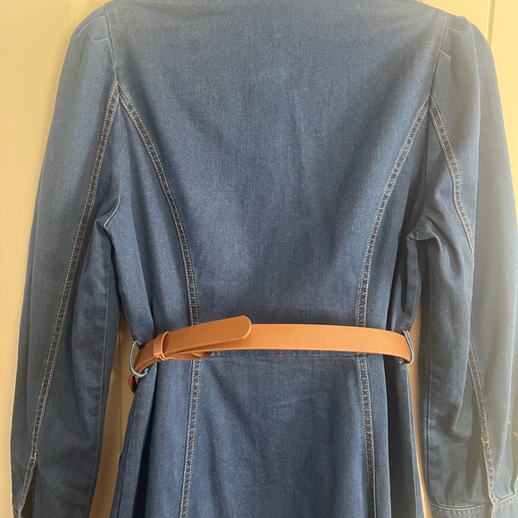 Women's Denim Dress Button Down Lapel Collar Casual Midi Dress with Belt - Picture 4 of 16
